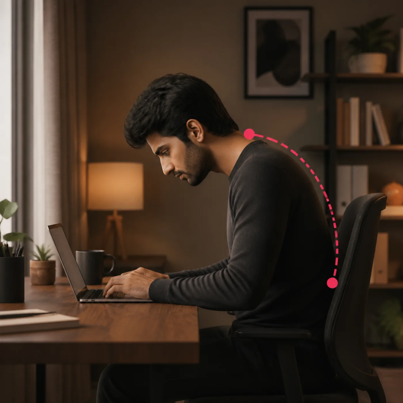 Person bending neck toward a low laptop