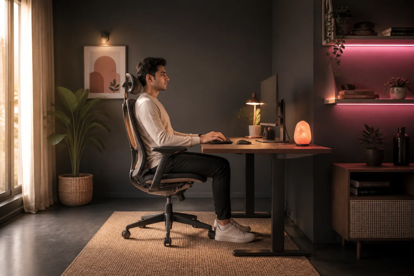 Indian professional sitting in a neutral posture at a warm home office
